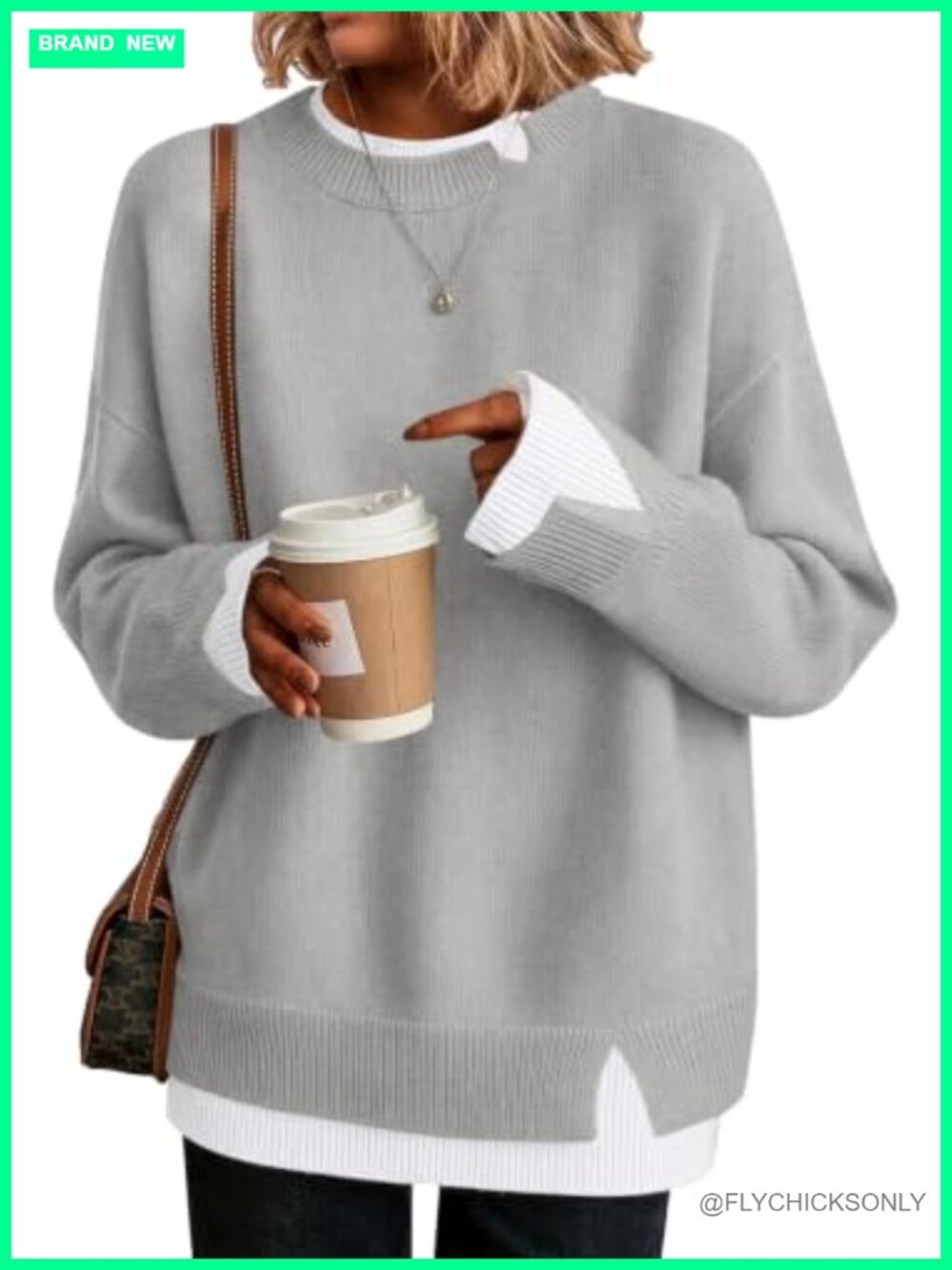 Women's Mock Twofer Pullover Sweater Loose Fit Crew Neck Long Sleeve Layered